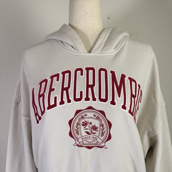 Abercrombie & Fitch Hoodie Women's Medium Cropped Cream/Red Velvet Print Lounge - Picture 2 of 13